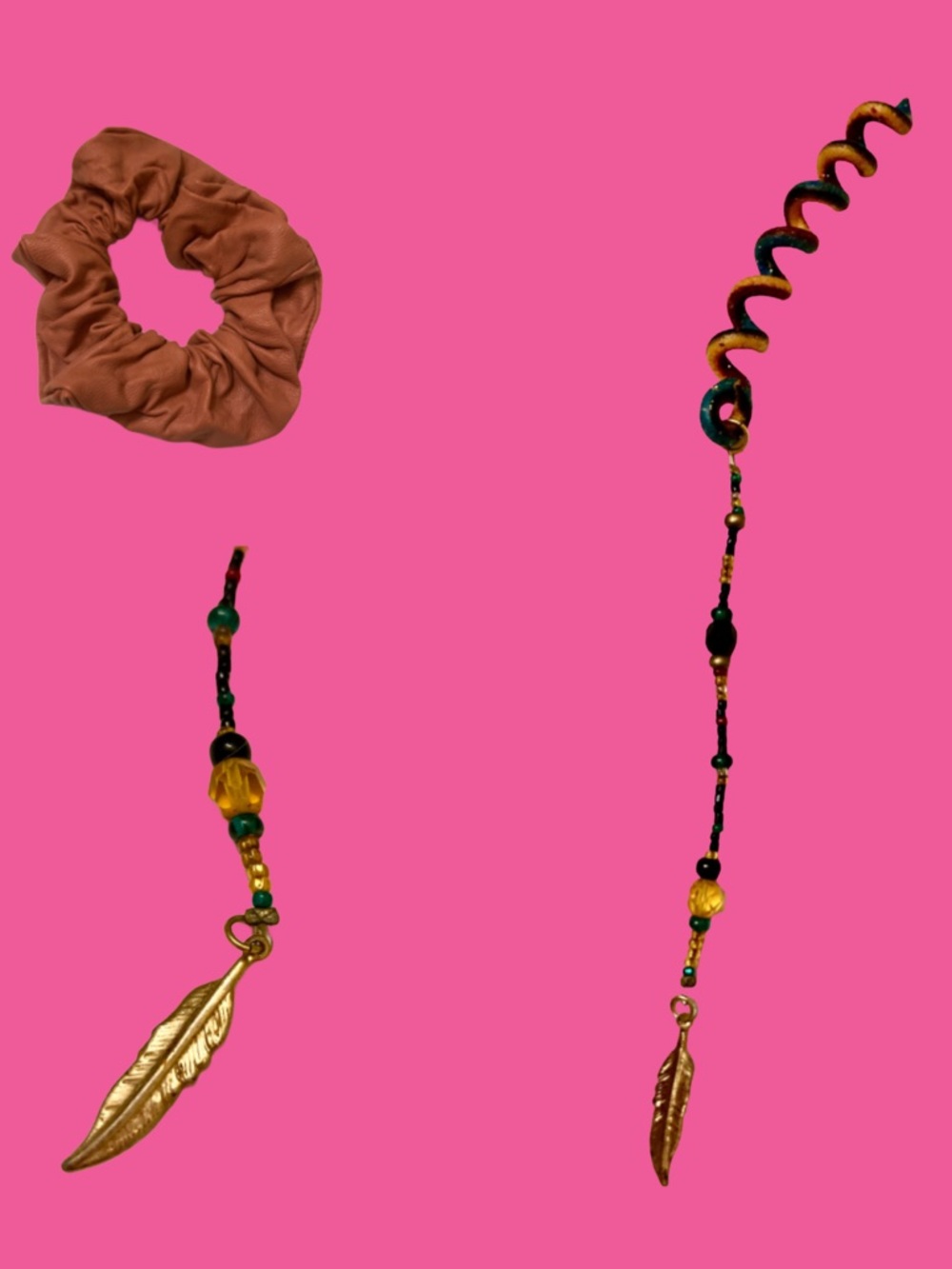 Festival Hair Coil Beaded Gold Feather Dangle Charm/Faux Leather Rust Scrunchie
